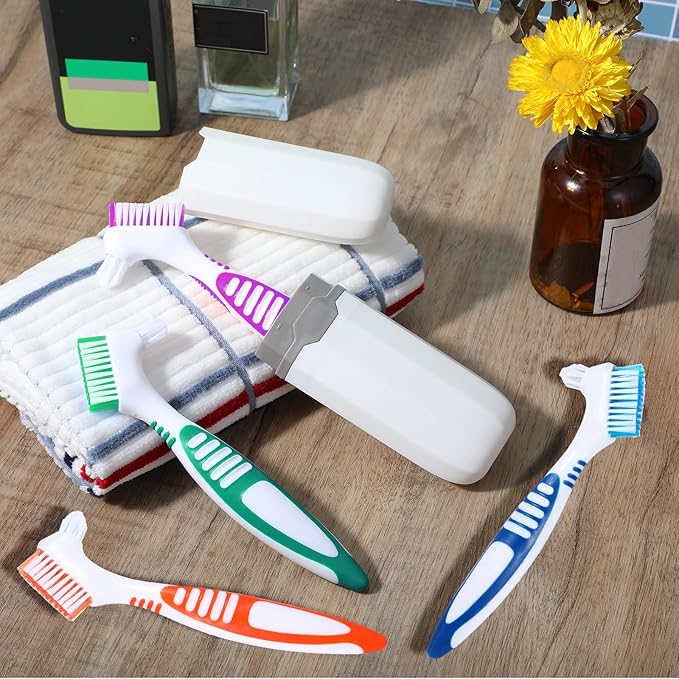 4 Pcs Denture Brush, Portable Denture Toothbrushes with White Carrying Case, Dual Angled False Teeth Care Cleaning Brush with Multi-Layered Soft Bristles (Purple, Green, Blue, Orange)