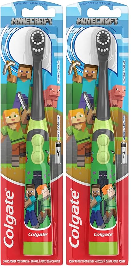 Colgate Kids Battery Powered Minecraft Toothbrush, Extra Soft Kids Battery Toothbrush with 1 AA Battery Included, Made for Ages 3 and Up, Features Easy On and Off Switch, Flat Lay Handle, 1 Count