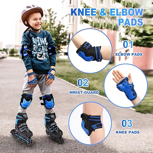 2PM SPORTS Knee Pads for Kids, Wrist Guards Knee and Elbow Pads Set with Drawstring Bag, Protective Gear Set for Girls Boys Roller Skating Cycling Skateboard - Blue Small-StrideForce Fitness
