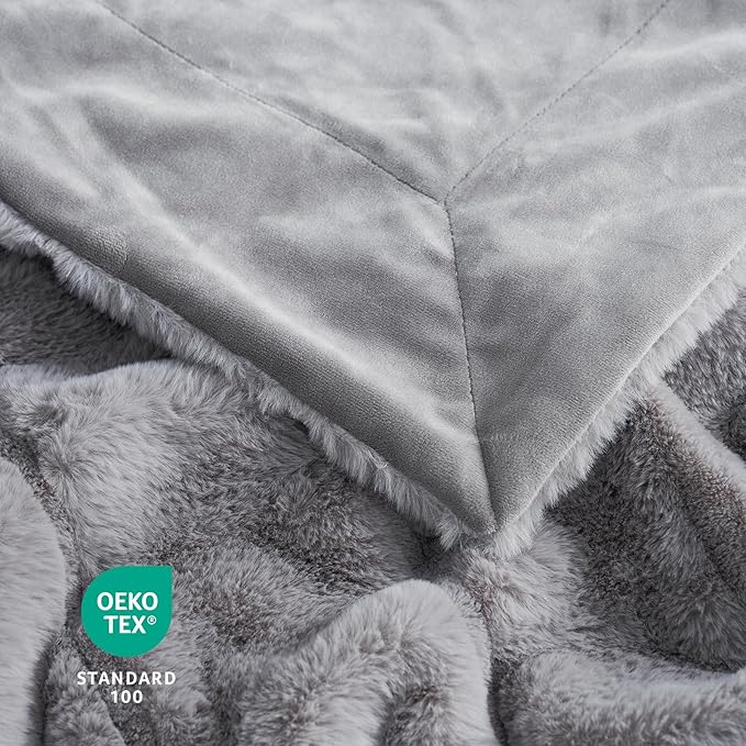 Cozy Bliss Faux Fur Throw Blanket for Couch, Cozy Warm Plush Striped Blanket for Sofa Bedroom Living Room, 90 * 90 Inches Grey-StrideForce Fitness