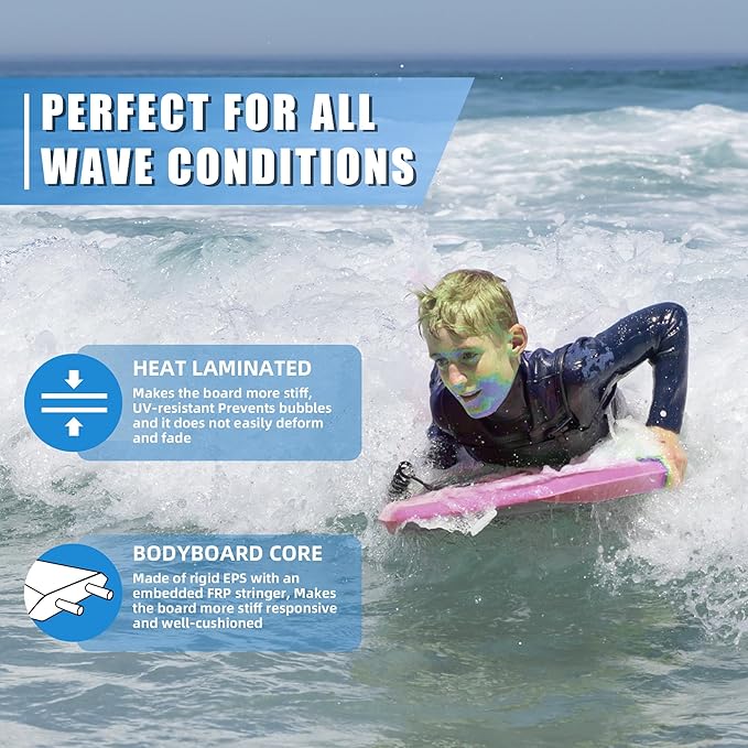 Reed Body Board 33 Inches Bodyboard Body Boards for Beach Kids Lightweight EPS Core Dual Channel Double Swivel Coiled Wrist Leash for All Surfing Levels-StrideForce Fitness