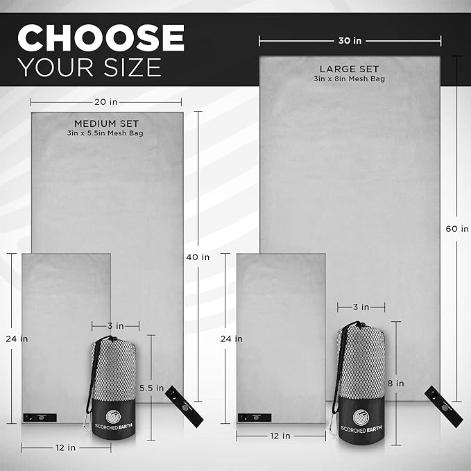 ScorchedEarth Microfiber Travel & Sports Towel Set - Quick Dry, Super Absorbent, Compact, Lightweight - for Camping, Backpacking, Hiking, Beach, Yoga, Swimming - Includes 2 Sizes + Carrying Bag & Clip-StrideForce Fitness