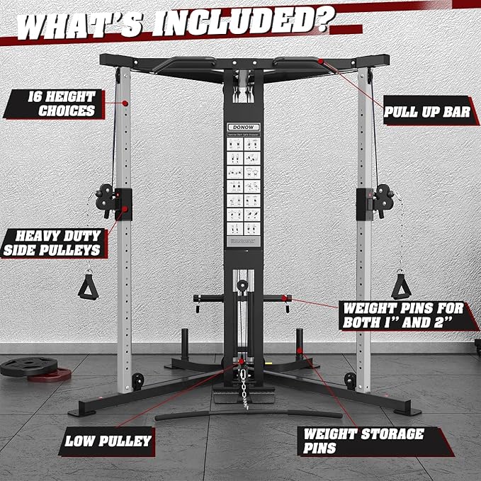 DONOW Cable Crossover Machine, Cable Fly Machine Home Gym System Workout Station with Dual Pulley System Pull-Up Bar Cable Bar and LAT Pull Down System-StrideForce Fitness