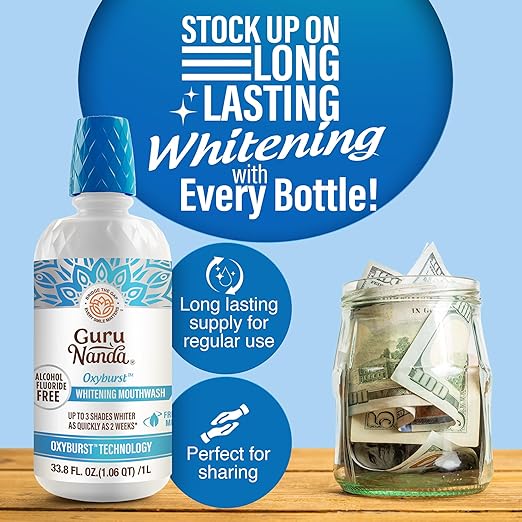 GuruNanda Oxyburst Teeth Whitening Mouthwash – Alcohol & Fluoride Free, with Hydrogen Peroxide & 7 Essential Oils, Value Pack for Regular Use, Wild Mint, 1 Liter/33.8 fl oz