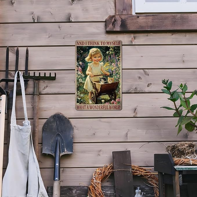 Garden Girl Metal Tin Sign Wall Art Rustic Vintage Outdoor Decor And I Think To Myself What A Wonderful World Quote 12 * 8inch-StrideForce Fitness