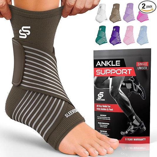 Sleeve Stars Ankle Brace for Women & Men, Ankle Wrap for Sprain, Compression Sleeve for Plantar Fasciitis Relief, Easy Customizable Support: w/ Removable Strap (Pair/M:10"-12"/Dark Brown)