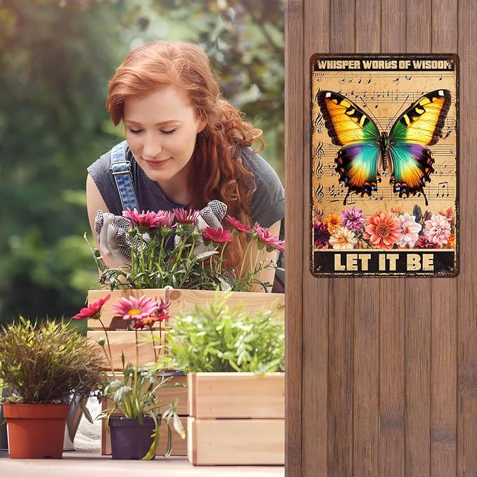 Vintage Garden Tin Sign Whisper Words Of Wisdom Let It Be Retro Butterfly Metal Poster Funny Wall Art Cafe Office Wall Decor for Kitchen Home Bar Pub Club 12 * 8inch-StrideForce Fitness