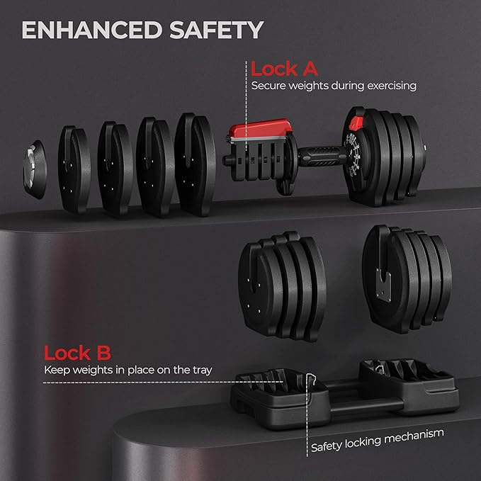 Yaheetech Adjustable Dumbbell Set Free Weight Dumbbells 40lbs/52.5lbs/90lbs Fast Adjust Dumbbells Dumbbell Weight Set, with Tray for Men/Women Strength Training Equipment-StrideForce Fitness