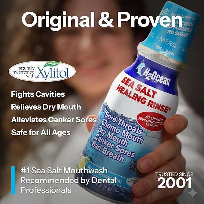 H2Ocean Healing Rinse Natural Sea Salt Oral Care - Mouth Rinse for Oral Care - Great for Piercings, Sore Throats & Gum Health - Alcohol- & Fluoride-Free Mouthwash - Arctic Ocean Mint, 16 oz