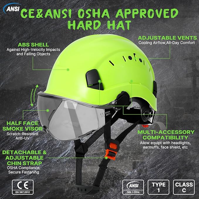 Aolamegs Construction Hard Hats for Adults - Hard Hats Construction OSHA Approved with Smoke Visor for Men Women ANSI Z89.1 Vented Safety Helmet, Hard Hat with Chin Strap,6 Point Suspension （Green-StrideForce Fitness