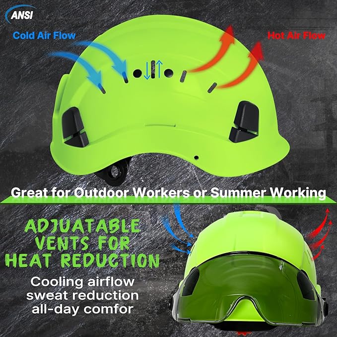 Aolamegs Construction Hard Hats for Adults - Hard Hats Construction OSHA Approved with Smoke Visor for Men Women ANSI Z89.1 Vented Safety Helmet, Hard Hat with Chin Strap,6 Point Suspension （Green-StrideForce Fitness