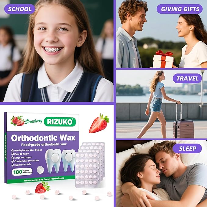 Orthodontic Wax for Braces - 180 Dental Wax Dots | Hygienic Individual Wraps, Strawberry