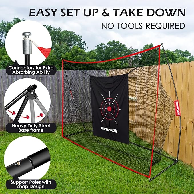 Golf Net, 10x7ft Heavy Duty Golf Practice Nets with Mat, Target Cloth, 8 Tees, 6 Balls, Carry Bag for Backyard Driving Chipping Indoor Outdoor Training-StrideForce Fitness