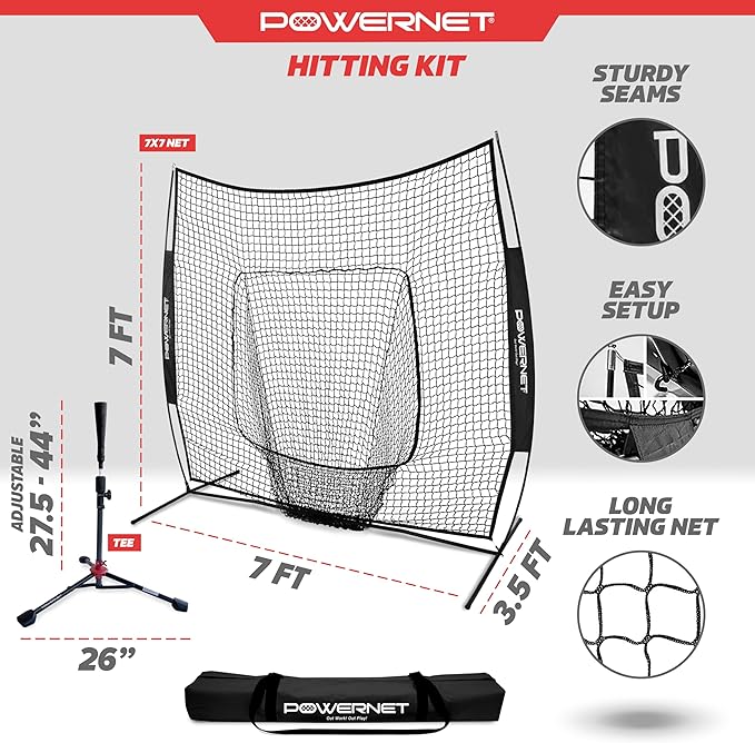 PowerNet Baseball Softball Practice Net 7x7 with Baseball Accessories for Practice Pitching, Batting & Fielding, Ball Caddy, Weighted Baseballs, Tee-StrideForce Fitness