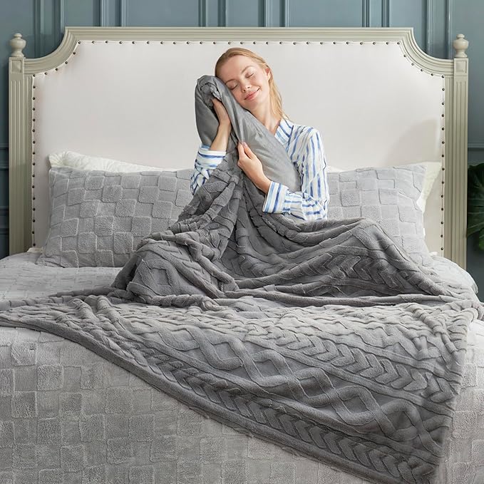 Cozy Bliss Faux Fur Throw Blanket for Couch, Jacquard Fuzzy Plush Soft Thick Winter Throw Blanket for Sofa Bed Living Room Bedroom，60"x80" Grey-StrideForce Fitness