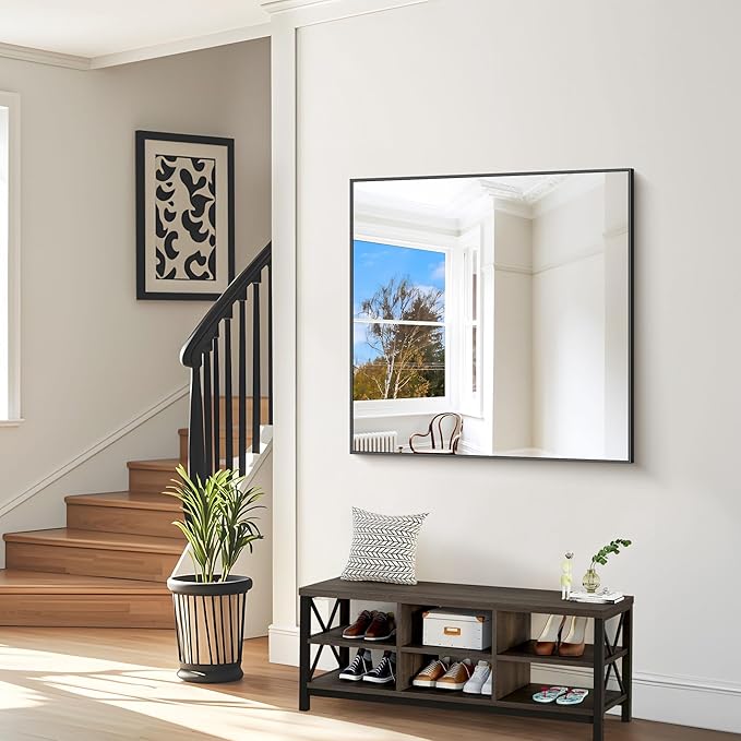 Bathroom Mirror,48x48 inch Large Wall Mirror for Bathroom Wall Mounted,Black Rectangle Wall Mirrors,Square Mirror for Living Room,Farmhouse, Bedroom Entryway, Horizontal/Vertical-StrideForce Fitness