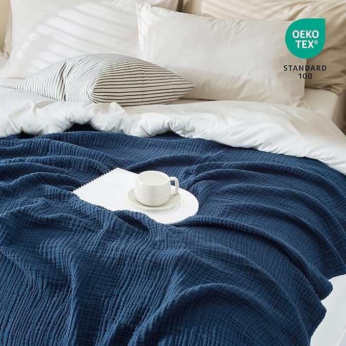 Carriediosa 100% Cotton Muslin Throw Blanket 108" X 90" King Size，4-Layers Summer Gauze Throws for Bed Couch，Soft Lightweight Breathable Linen Blankets Bedspread for Adults All Season，Navy Blue-StrideForce Fitness