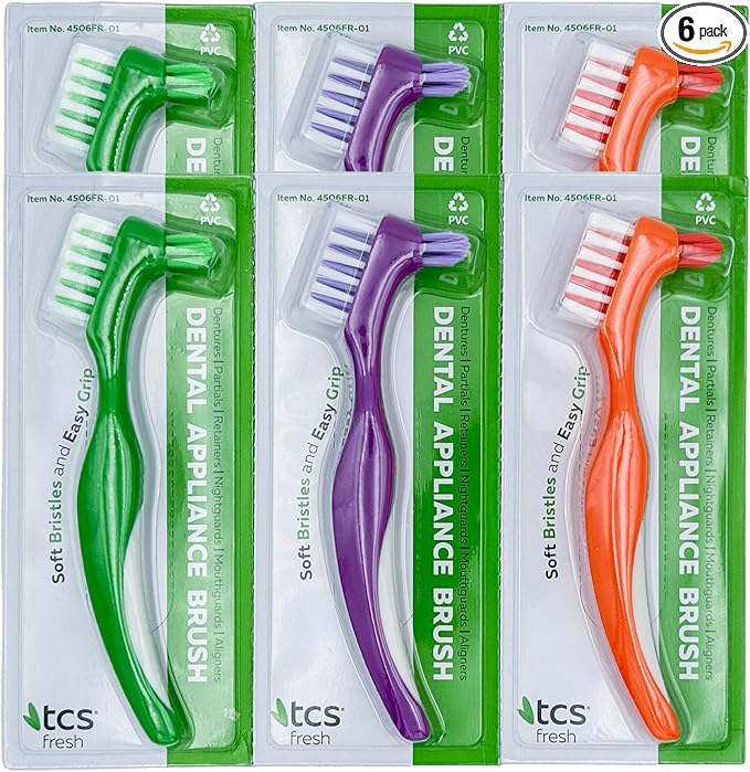 Soft Bristle Denture Brushes (Pack of 6) Dual Head Denture Brush for Dental Appliances - Dental Brush with Handle and Two Heads for Dentures, Retainers, Partial Dentures, Aligners, Mouthguards
