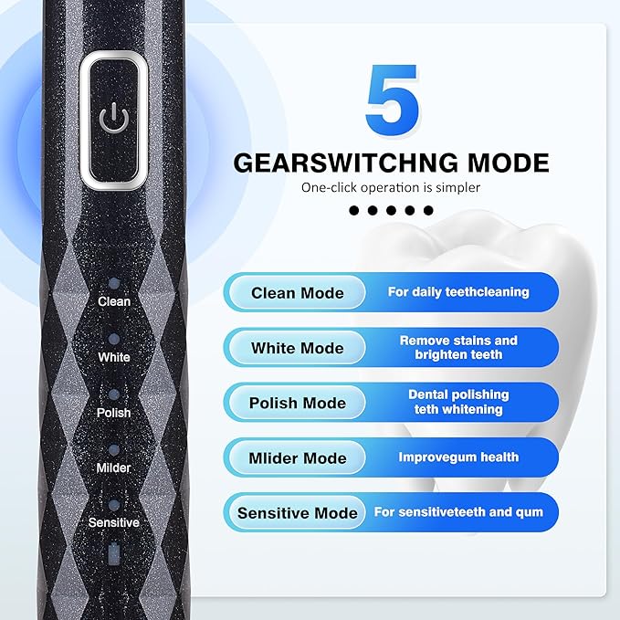 Sonic Electric Toothbrush for Adults - Deep Cleaning Teeth Whitening6 Replacement Brush Heads100-Day Battery5 Modes w/SensitiveIPX7 Waterproof (Color Options)