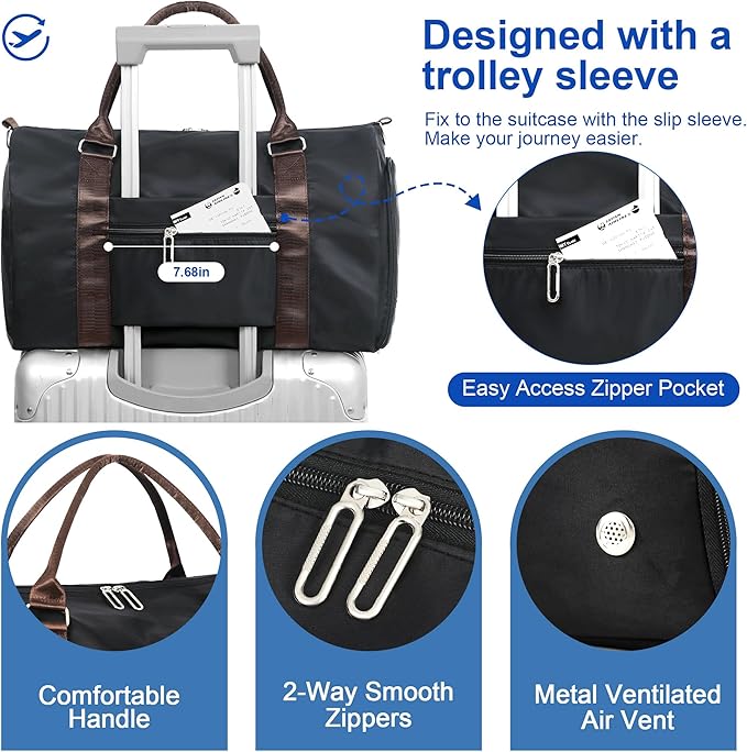 FIORETTO Womens Gym Tote Duffle Bag with Wet Pocket & Shoe Compartment, Sports Duffel Overnight Weekender Hospital Workout Carry on Bag for Girls, Ideal for Travel, Swimming, Dance, Ballet Black-StrideForce Fitness