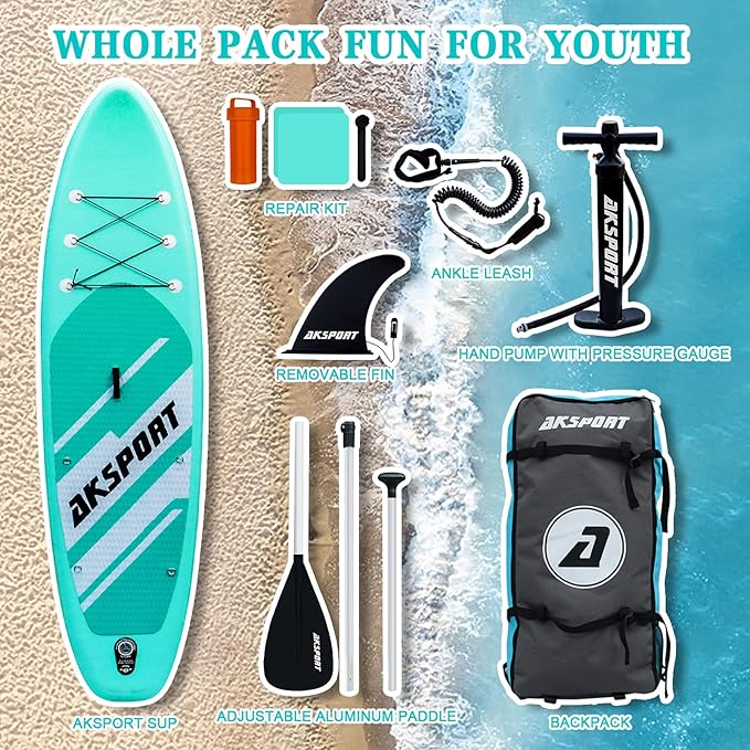 AKSPORT Inflatable Stand Up Paddle Board, SUP Board with All Accessories, Wide Stable Design, Non-Slip Deck, Inflatable Paddle Boards for Youth & Adult-StrideForce Fitness