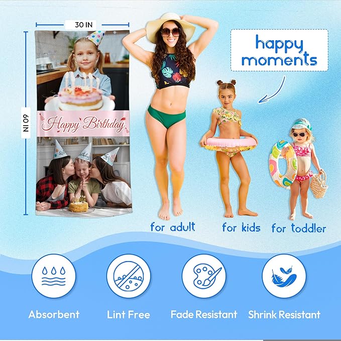 JML Birthday Gifts for Mom Dad Daughter Son, Personalized Beach Towel with Photo Text, Custom Beach Towel Gift for Mother's Day, Anniversary, Family Day, Summer Holiday, Vacation-StrideForce Fitness
