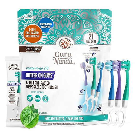GuruNanda 6-in-1 Ready-to-Go Disposable Toothbrush, Pre-Pasted Butter on Gums Softex Bristles, Floss & Toothpick, Tongue & Cheek Cleaner, Individually Wrapped & TSA Friendly, 21 Ct