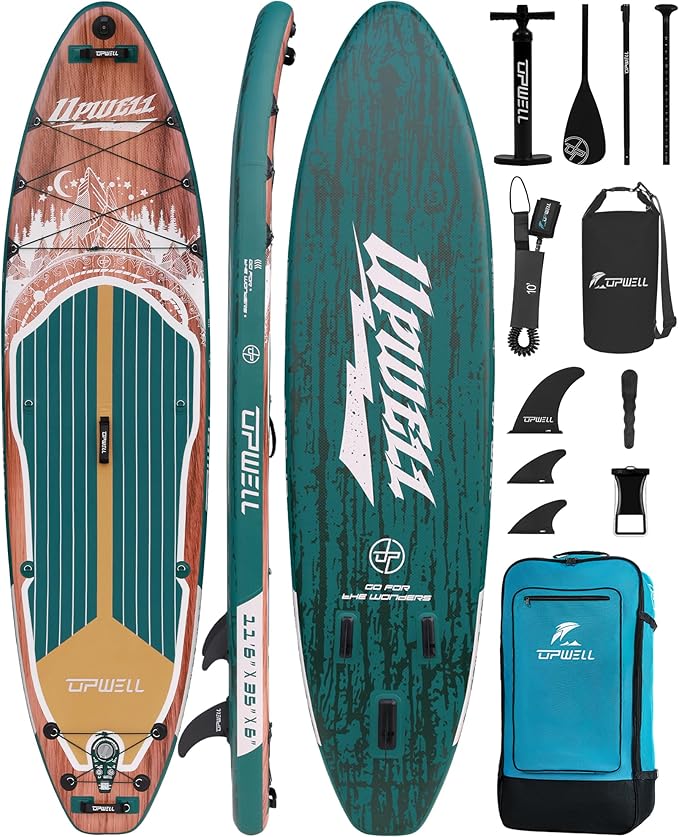 UPWELL 10'6"/11'/11'6" Inflatable Paddle Board, Stand Up Paddlboard for Youth & Adults, Stable Design, Premium SUP Accessories, Backpack, Leash, Hand Pump, Fins-StrideForce Fitness