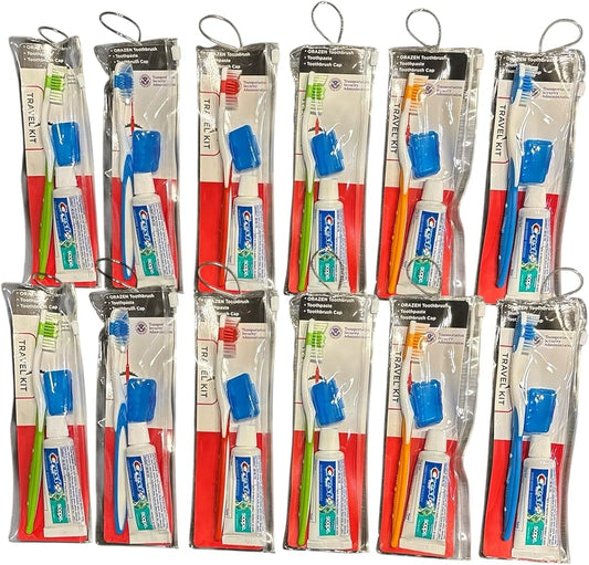 AIAG 12 Pack Toothbrush Travel Kit with Cap and Toothpaste, Soft Bristles, Individually Wrapped Travel Size Toothbrush Resealable Portable and Reusable Bag for Homeless Hotel Home Charity