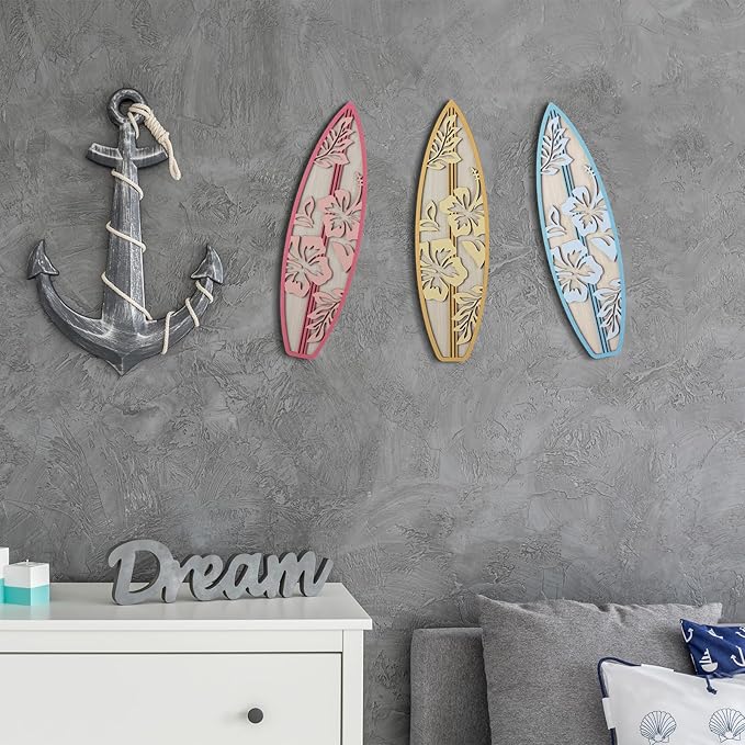 RattanView 3 Pieces Hibiscus Surfboard Decor for Bedroom Wooden Beach Wall Decor Summer Wood Surfboard Wall Hanging Sign for Tropical Living Room Decoration(Yellow, Blue, Pink)-StrideForce Fitness