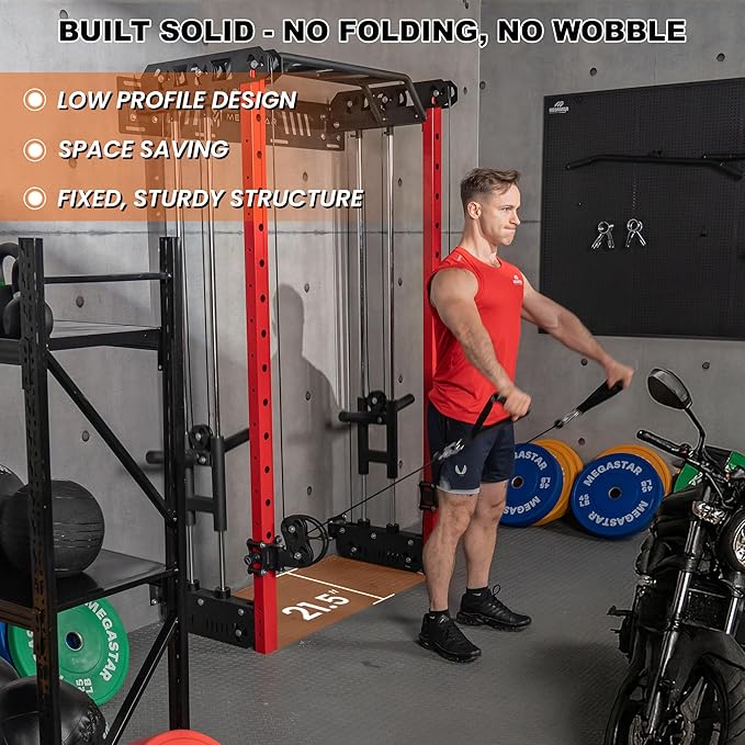 Wall Mounted Power Rack – 1600LB Capacity Compact Commercial Home Gym with Dual Cable Crossover, LAT Pulldown, Multi-Grip Pull-Up Bar & Landmine Attachment for Small Spaces, P67 Striker Red-StrideForce Fitness
