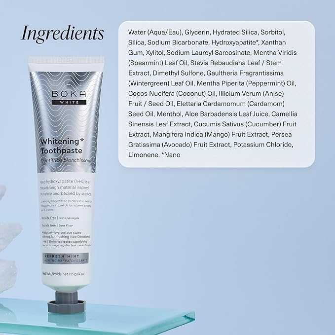 Boka Fluoride Free Toothpaste, Nano Hydroxyapatite Toothpaste, Appropriate for Sensitive Teeth, for Adult, Kids Oral Care - Whitening* Refresh Mint, 4 Fl Oz 1Pk US Manufactured