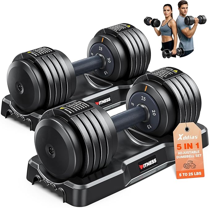 XDDIAS Adjustable Dumbbell Set of 2, 25/55/80LB Dumbbell Set-1Sec Adjustable Weights-5/10 in 1 Free Weights Dumbbells Set with Effortless Tray/No-Slip Handle-Compact Size for Women/Men at Home Gym-StrideForce Fitness