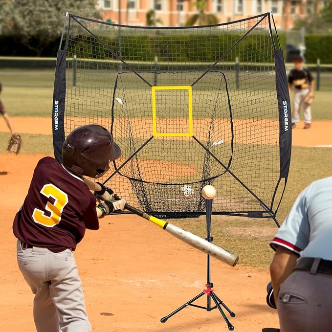 Storgem Baseball and Softball Practice Net 7×7ft Portable Hitting Pitching Batting Training Net Baseball Backstop Net with Batting Tee and Strike Zone and Bow Frame-StrideForce Fitness