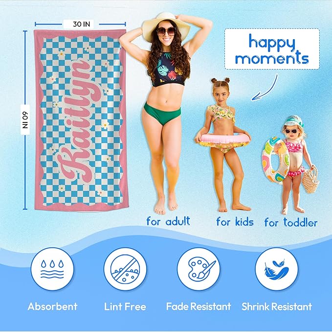 JML Personalized Beach Towel with Name, Custom Flower Beach Towel, Customized Microfiber Pool Towel, Quick Dry & Absorbent Swim Towel for Adult,Mother's Day, Birthday, Summer Holiday,Vacation-StrideForce Fitness