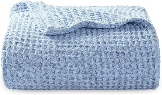 Bedsure 100% Cotton Large Throw Blanket for Couch 50x70 inches - Breathable and Soft, Waffle Weave Throw Blanket for Office, Sky Blue-StrideForce Fitness