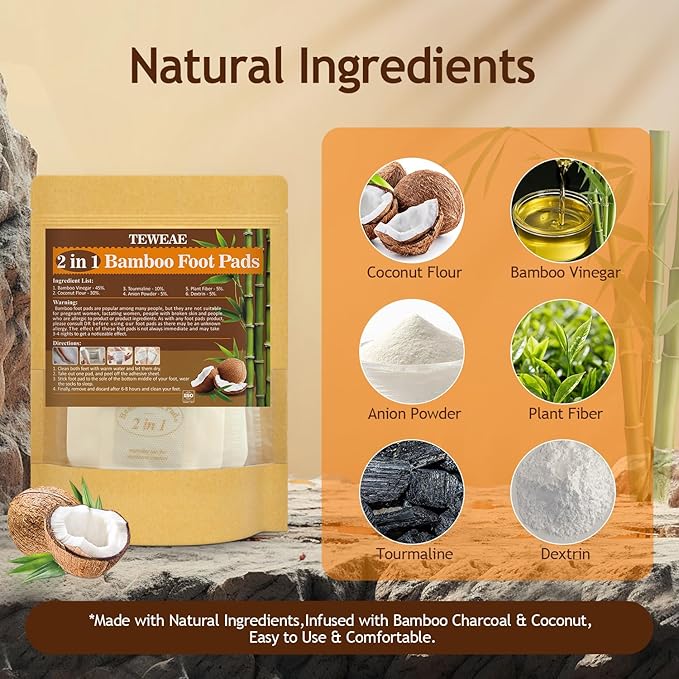 2 in 1 Foot Pads, Tear and Use Pure Bamboo Vinegar Coconut Foot Pads, Bigger Adhesive ''Stay in Place'' Goodnight Pads (10Pads)-StrideForce Fitness