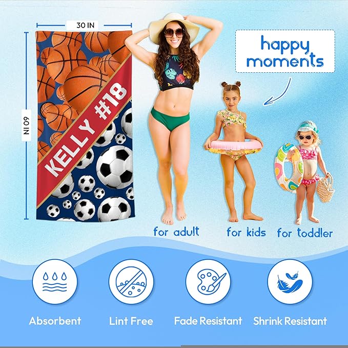 Personalized Beach Towel With Name, Custom Beach Towel with Text, Customized Basketball Football Microfiber Pool Towel, Quick Dry & Absorbent Swim Towel for Adult,Anniversary, Birthday, Summer Holiday-StrideForce Fitness
