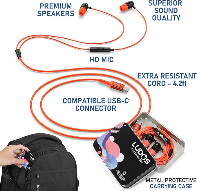 LUDOS Clamor USB C Headphones for iPhone 16 15 Pro Max Plus iPad Pro, 5 Years Warranty, USB-C Earbuds for Samsung Galaxy S24 S23 Ultra S22 S21 FE S20 A55 A54 A53, USB Type C Earphones - Coral-StrideForce Fitness