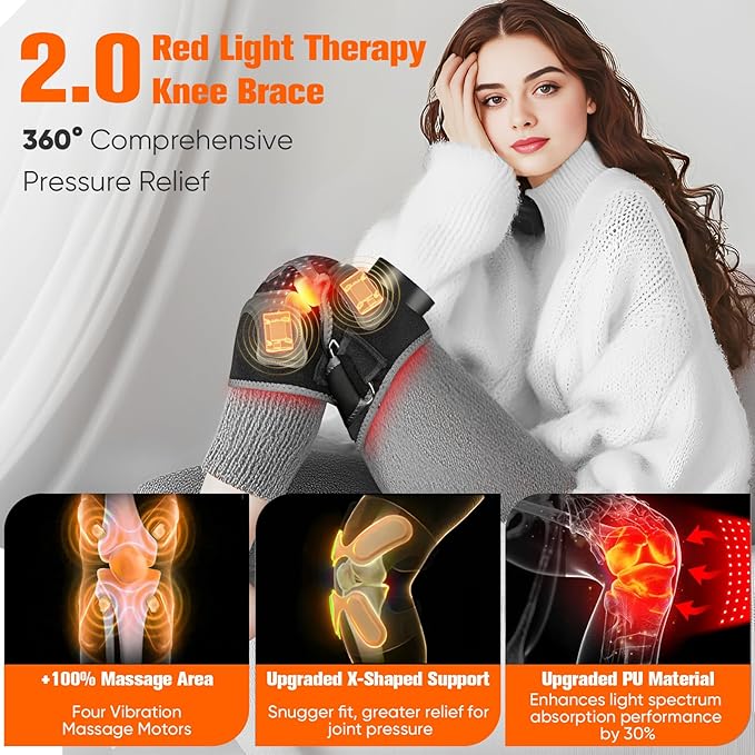 Upgraded Red Light Therapy Knee Brace - FSA HSA Eligible Knee Massager with 4 Vibration Areas, 660nm&850nm, Near Infrared Red Light Therapy Heated Device for Knee Elbow Shoulder Pain-StrideForce Fitness