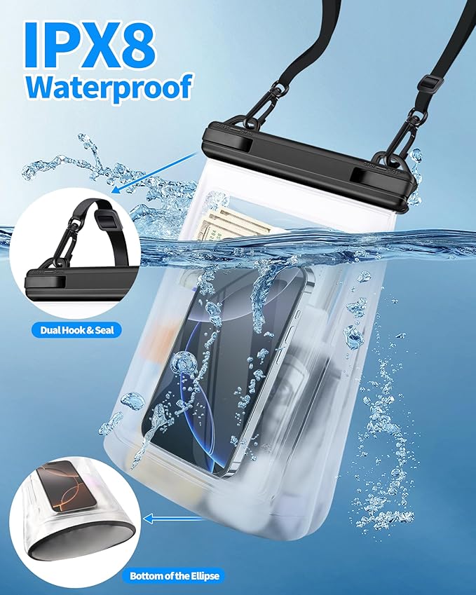 Large Waterproof Phone Pouch - [Oversized] [Floating] Waterproof Pouch for iPhone Galaxy Google and More, IPX8 Waterproof Dry Bag for Beach Vacation Belongings Black-StrideForce Fitness
