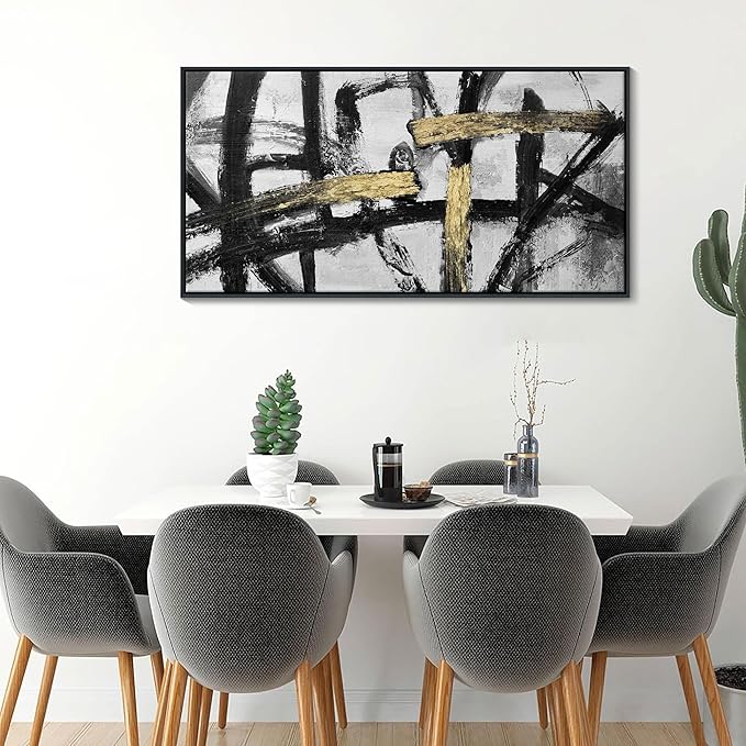 CHATYOUNG Large Framed Wall Art, Black and White Gold Graffiti Modern Abstract Paintings Hand Drawn Textures Canvas Prints Wall Pictures for Bedroom Living Room Office Decor 24 x 48 In-StrideForce Fitness