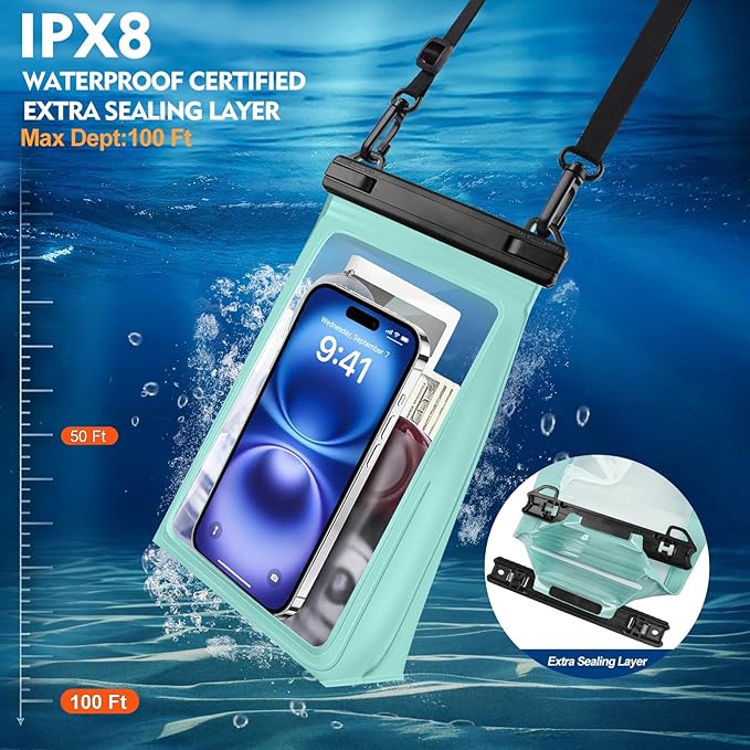 Large Waterproof Phone Pouch [with Sealing Strip], Cell Phone Dry Bag for iPhone Galaxy All Phones, Floating Water Proof Bag for Beach Water Park Green-StrideForce Fitness