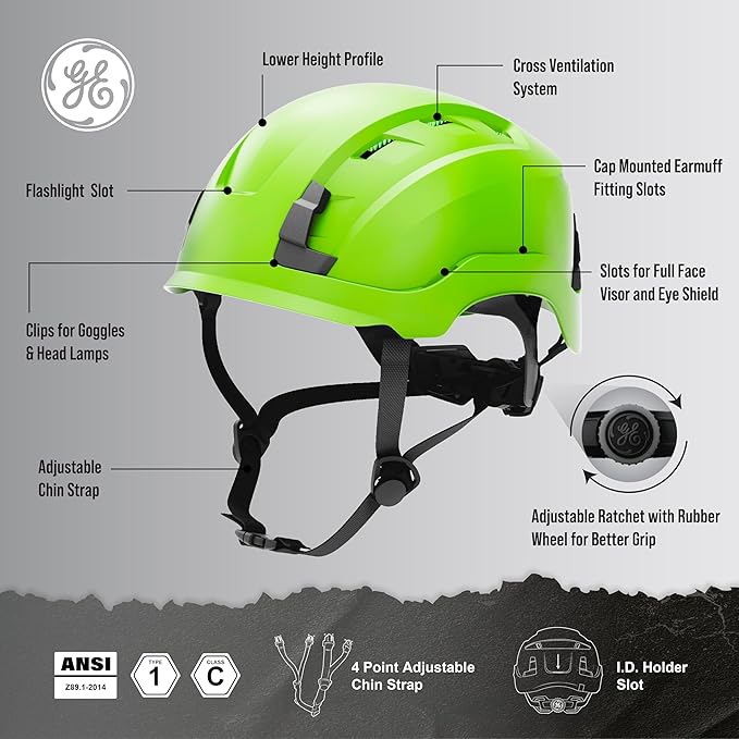 GE Safety Helmet, Impact Absorbing Tech, Adjustable Ratchet, ANSI Type 1, Memory Foam Padding, Hard Hats Protection, Lightweight, Durable, Chin Strap, Comfortable Fit OSHA Approved-StrideForce Fitness