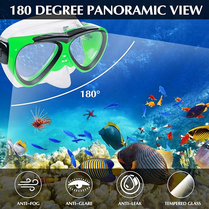 GreenLF Kids Snorkel Set, Anti-Fog Snorkeling Mask with Nose Covers for Youth Junior Child, Boys & Girls Age 5-12, Semi-Dry Diving Scuba Swimming Goggles Gear Packages-StrideForce Fitness