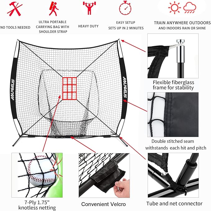 7'X7' Baseball Softball Practice Net,Pitching Net,Batting Net,with Baseball Tee,Bonus Strike Zone and Bow Frame,for Hitting,Pitching, Catching-StrideForce Fitness