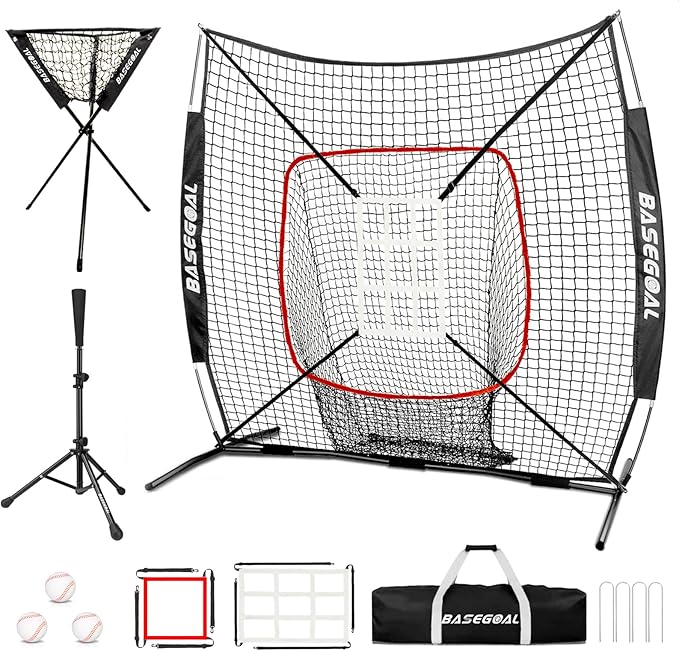 6'×6' Baseball Softball Practice Net,Baseball Backstop,with Batting Tee,Ball Caddy,for Hitting Pitching Batting Catching with Bow Frame,Bonus Strike Zone,Target,Portable and Foldable-StrideForce Fitness