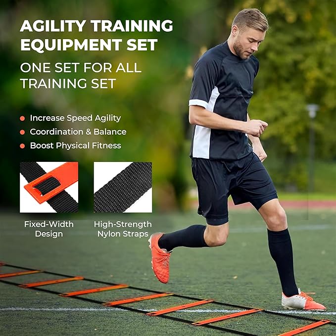 Agility Ladder Speed Training Equipment Set-2x 20ft Agility Ladder,12 Soccer Cones,4 Adjustable Hurdles, Jump Rope, Running Parachute| Basketball Football Soccer Training Equipment for Kids Adults