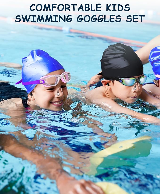Kids Swim Goggles, Swimming Goggles for Kids Toddlers 3-14 with Swim Cap, Nose Clip, Nose Bridge, Ear Plugs-StrideForce Fitness