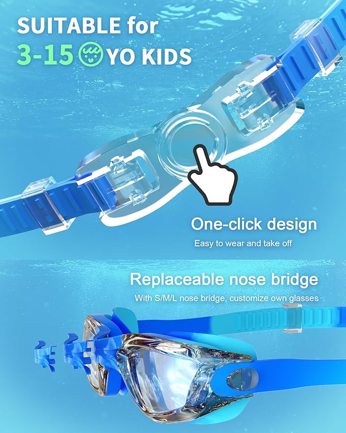 Kids Swim Goggles, Swimming Goggles for Kids with Nose Clip, Earplugs, Nose Bridge for Age 3-15-StrideForce Fitness